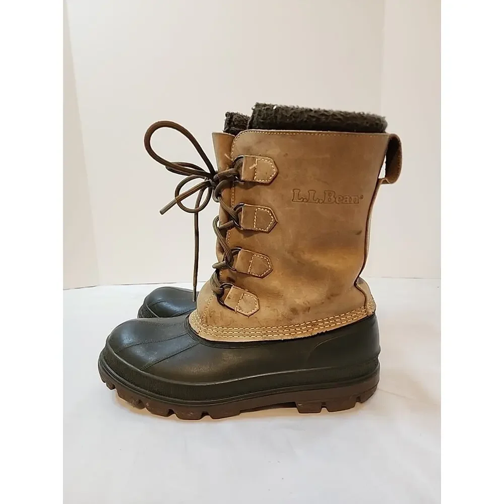 Ll Bean Mens Duck Boots Winter Insulated Size 7 Brown Leather Rubber Wool